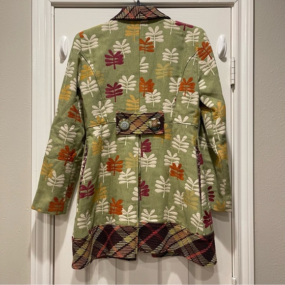 Unbranded Coat Women’s Sz 2 Green Leafs Plaid Artsy Colorful Peter Pan Collar - Picture 2 of 13